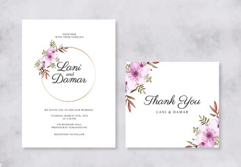 Minimalist wedding invitation card template with watercolor floral