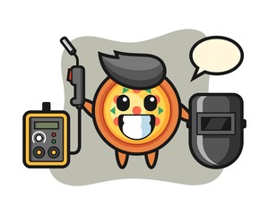 Character mascot of pizza as a welder