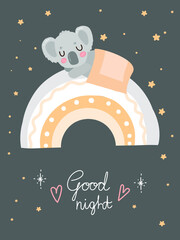 
good night kids poster with sleeping koala at rainbow
