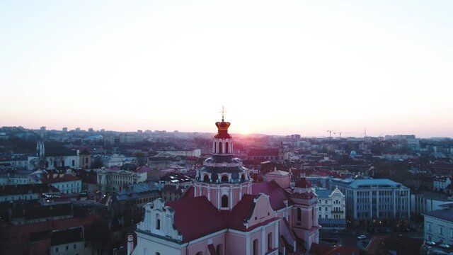 Amazing St. Peter and St. Paul's Church in Vilnius, Old Town. Aerial sunset shot.