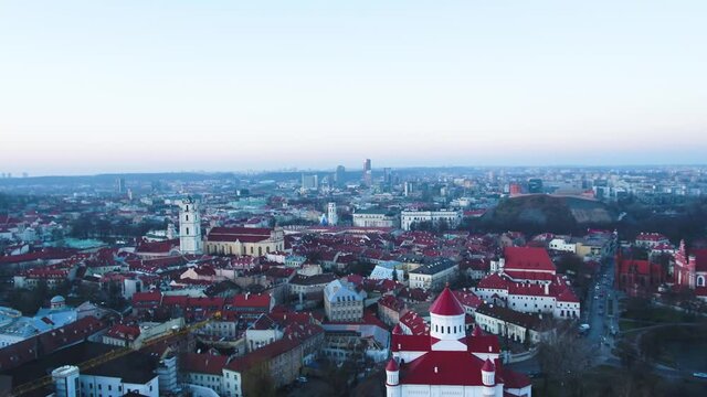 Aerial view of Old Town, Vilnius, on hazy winter day.