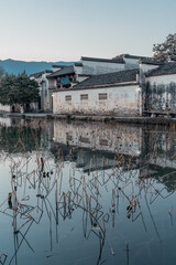 Sunset view of the ancient Chinese architecture in Hongcun village, Anhui province.