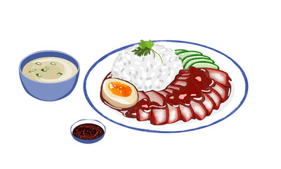 Roasted red pork with rice and egg. Isolated close up a set of meal on white background. Hand drawing asian food vector illustration.