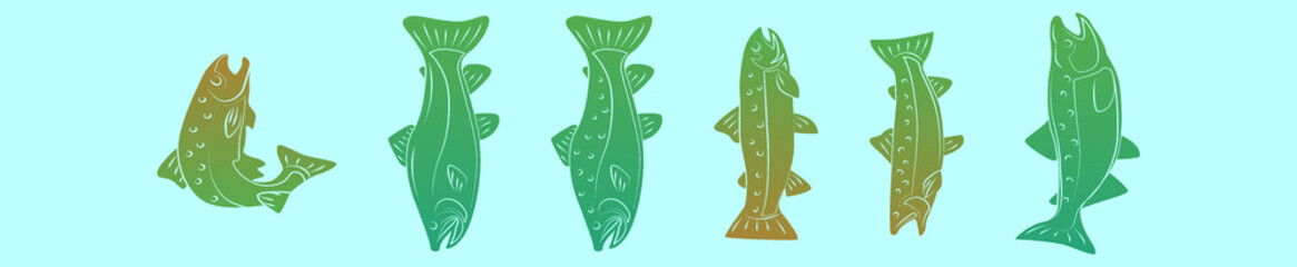 set of rainbow trout cartoon icon design template with various models. vector illustration isolated on blue background