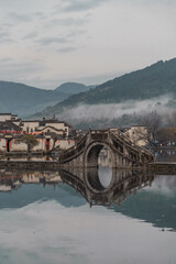 Hongcun village, a traditonal Chinese village in Anhui province, on a rainy day.