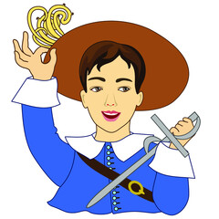 cool man in a musketeer costume with a sword straightens his hat with feathers, color vector on white isolated background