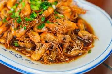 Fried shrimp with soy sauce, traditional Anhui cuisine in China.
