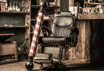 Stylish vintage barber chair. Professional hairstylist in barbershop interior. Barber shop chair. Barbershop armchair, modern hairdresser and hair salon, barber shop for men - obrazy, fototapety, plakaty