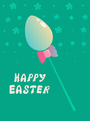 Festive Easter card with an egg on a stick and a bow.Vector illustration, for social media content, invitation, poster, picture in the interior, postcard.