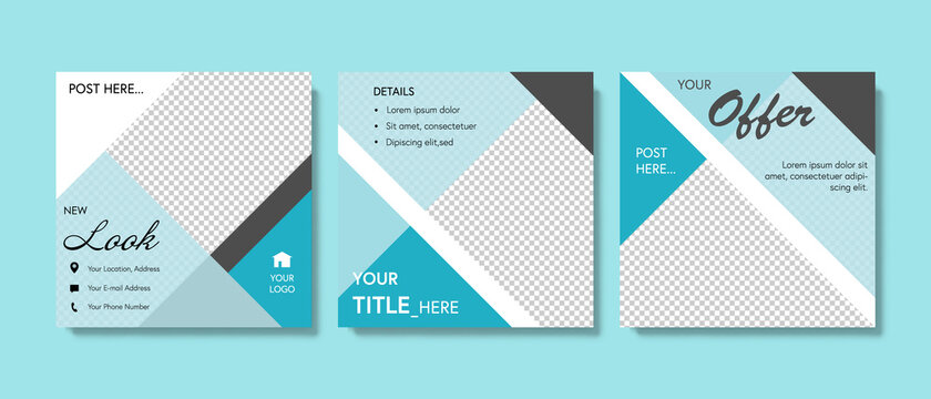 Clean social media templates pack with diagonal blue gradient background elements. Facebook posts for business with place for photos and offer.