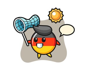 Germany flag badge mascot illustration is catching butterfly