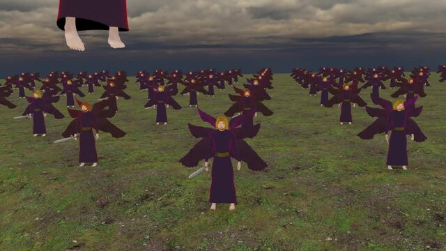 army of evil angels seraphim on earth, with their leader, camera moves up 3d