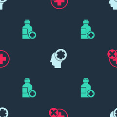 Set Cross hospital medical, Male head with and Bottle of medicine syrup on seamless pattern. Vector.