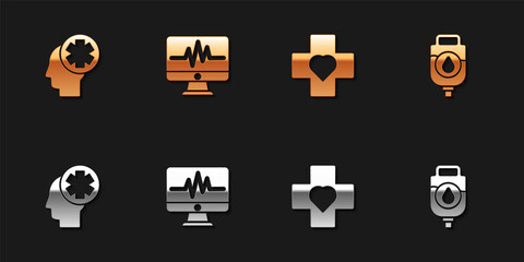 Set Male head with hospital, Monitor cardiogram, Heart cross and IV bag icon. Vector.