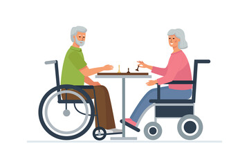 An elderly man and a woman in wheelchairs play chess. Pastime for the disabled.