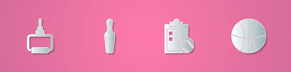 Set paper cut TPX loop training equipment, Bowling pin, Checklist clipboard and tennis ball and Basketball icon. Paper art style. Vector.