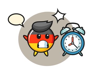 Cartoon illustration of germany flag badge is surprised with a giant alarm clock
