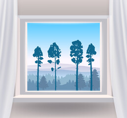 Open window interior home with a forest landscape view nature. Country mountains landscape from view the window of trees panorama. Vector illustration flat cartoon style