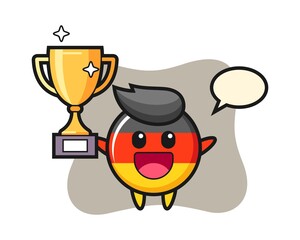 Cartoon illustration of germany flag badge is happy holding up the golden trophy
