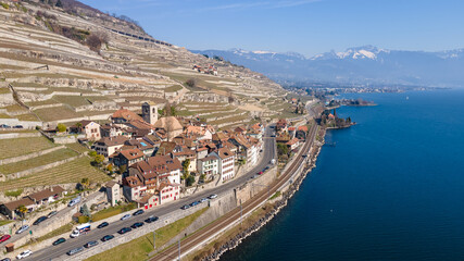 Obraz premium Drone pictures of Saint-Saphorin in Lavaux, Switzerland. 