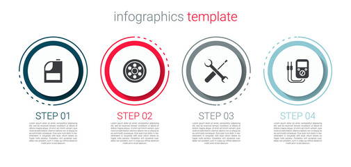 Set Canister for motor machine oil, Alloy wheel, Screwdriver and wrench spanner and Multimeter. Business infographic template. Vector.