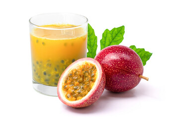 glass of passion fruit juice and fruits