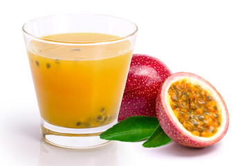 Passionfruit juice in glass isolated on white background