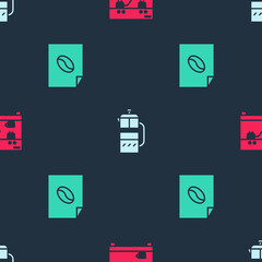 Set Coffee machine, French press and poster on seamless pattern. Vector.