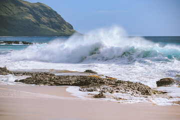 Big waves at Keawaula Beach Yokohama bay, West coast of Oahu Island, Hawaii. reef on the beach - 419787596