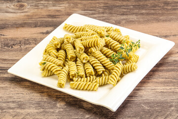 Italian pasta Fusilli with pesto