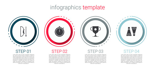 Set Bow and arrow in quiver, Stopwatch, Award cup and Rubber flippers for swimming. Business infographic template. Vector. © Kostiantyn