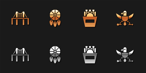 Set Golden gate bridge, Dream catcher with feathers, Potatoes french fries in box and Eagle icon. Vector.