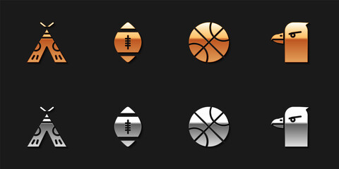 Set Indian teepee or wigwam, American Football ball, Basketball and Eagle head icon. Vector.
