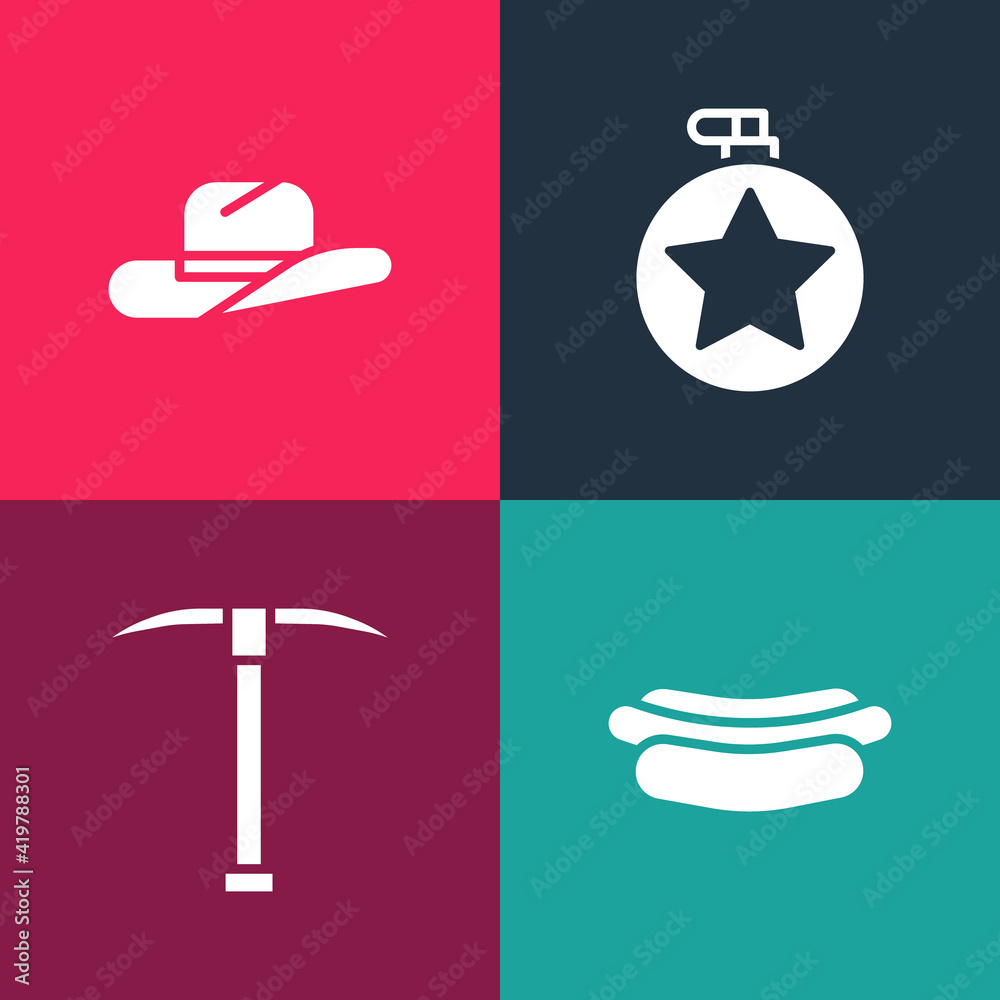 Wall mural set pop art hotdog sandwich, pickaxe, canteen water bottle and western cowboy hat icon. vector.