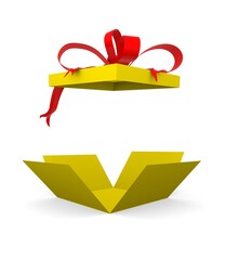 Open present box or gift box with red ribbons and bow isolated on white background with shadow. 3d illustration.