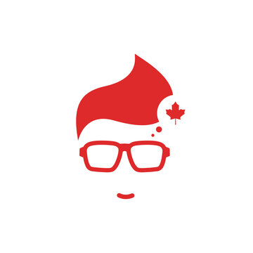 Silhouette of man's head in hipster glasses and Canada flag in circle . Red simple avatar. english language icon.