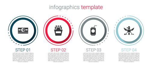 Set Stacks paper money cash, Potatoes french fries in box, Soda can with straw and Eagle. Business infographic template. Vector.