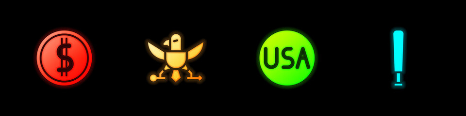 Set Coin money with dollar, Eagle, USA label and Baseball bat icon. Vector.
