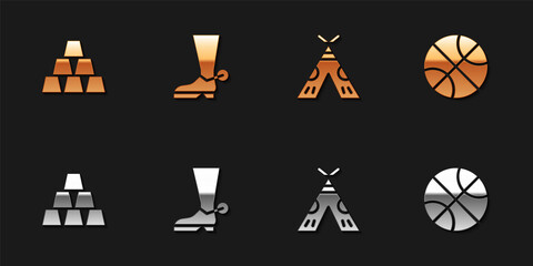 Set Gold bars, Cowboy boot, Indian teepee or wigwam and Basketball ball icon. Vector. © Kostiantyn