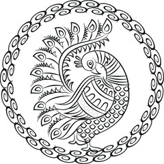 Kalamkari Indian traditional art on linen fabrics. peacock design on a different background. for textile printing, logo, wallpaper