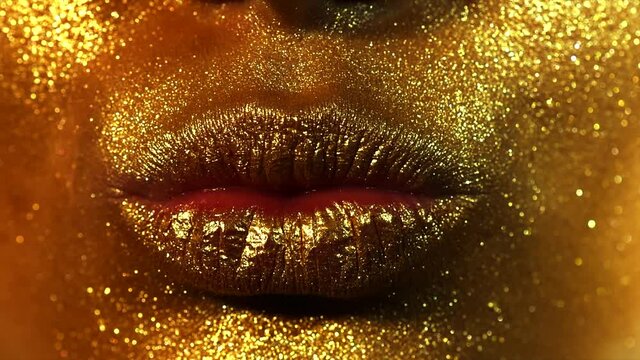Fashion model golden makeup woman kiss lips in bright sparkles, golden lights, beautiful girl lips, mouth. Trendy glowing gold skin make-up. Art design make up. Glitter metallic shine makeup.  