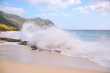 Big waves at Keawaula Beach Yokohama bay seat coast of oahu hawaii