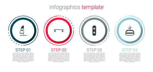 Set Windsurfing, Longboard or skateboard, Snowboard and Ski lift. Business infographic template. Vector.