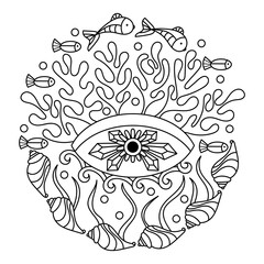 Coloring book for adults , Underwater. Doodles of the underwater world, sea, ocean, river . Eyes, Fish, shells, corals and algae are Monochrome. Psychedelic illustrations