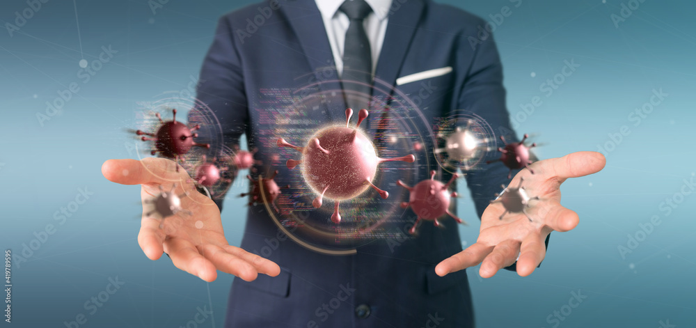 Wall mural Businessman holding a Group of red virus cell - 3d rendering