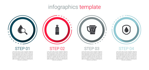 Set Drop and magnifying glass, Bottle of water, Water jug with filter and Waterproof. Business infographic template. Vector.