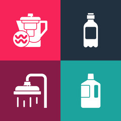 Set pop art Big bottle with clean water, Shower head, Bottle of and Water jug filter icon. Vector.