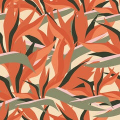 Abstract art seamless pattern. Tropical exotic ornament of strelitzia flowers. Bright summer orange floral motif. Vector graphics
