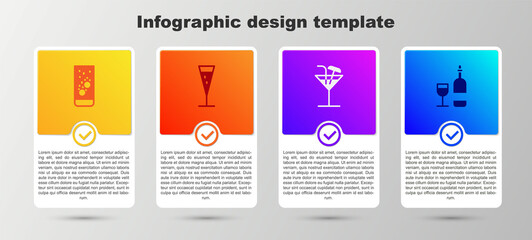 Set Effervescent tablets in water, Glass of champagne, Cocktail and Wine bottle with glass. Business infographic template. Vector.
