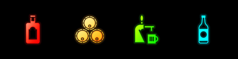 Set Whiskey bottle, Wooden barrels, Beer tap with glass and icon. Vector.